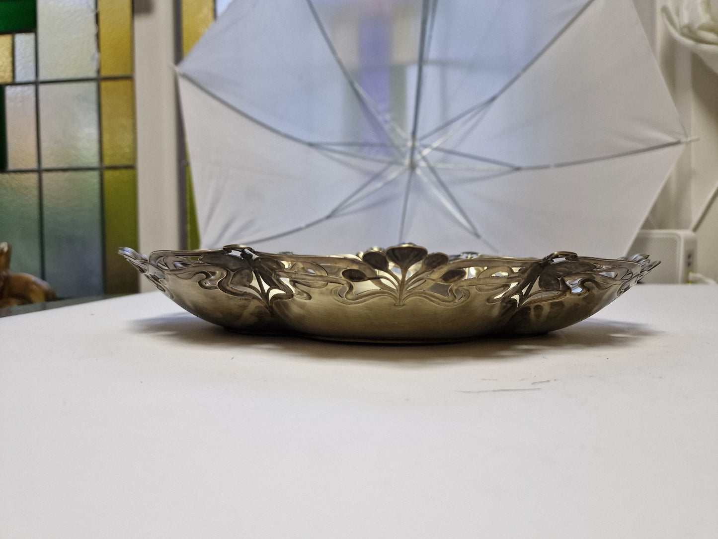 Art Nouveau Metal Tray, Dragonfly and Water Lily Platter, ca 1900-1910