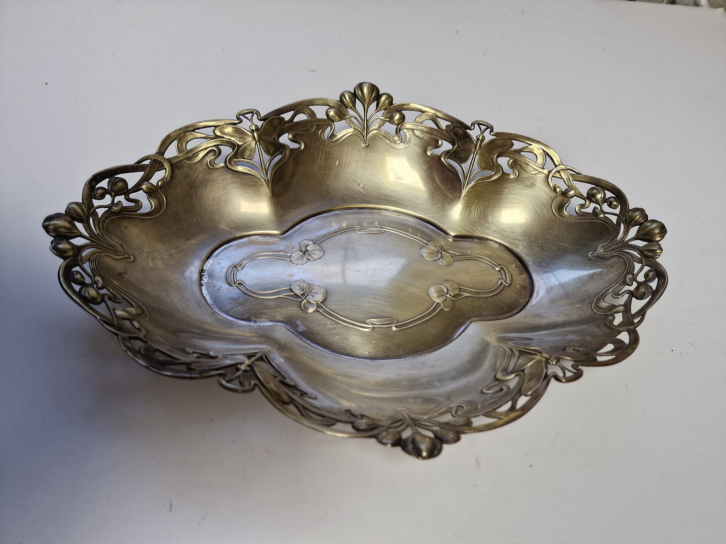 Art Nouveau Metal Tray, Dragonfly and Water Lily Platter, ca 1900-1910