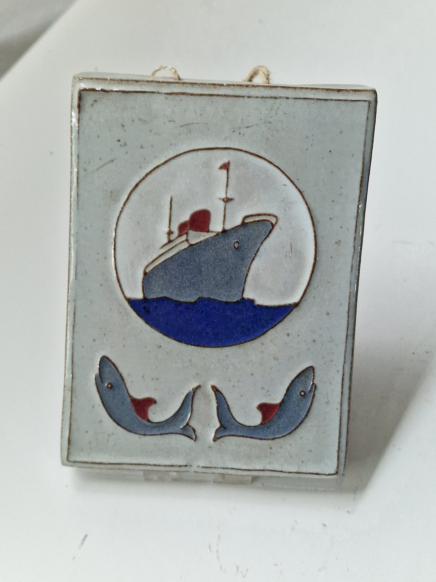 Dutch Art Deco Tile Plaque, Signed Pottery, Boat & Dolphins
