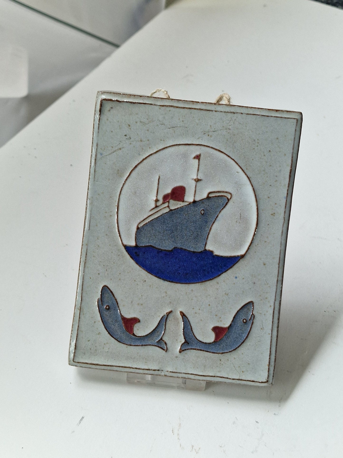 Dutch Art Deco Tile Plaque, Signed Pottery, Boat & Dolphins