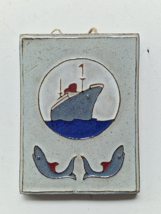 Dutch Art Deco Tile Plaque, Signed Pottery, Boat & Dolphins