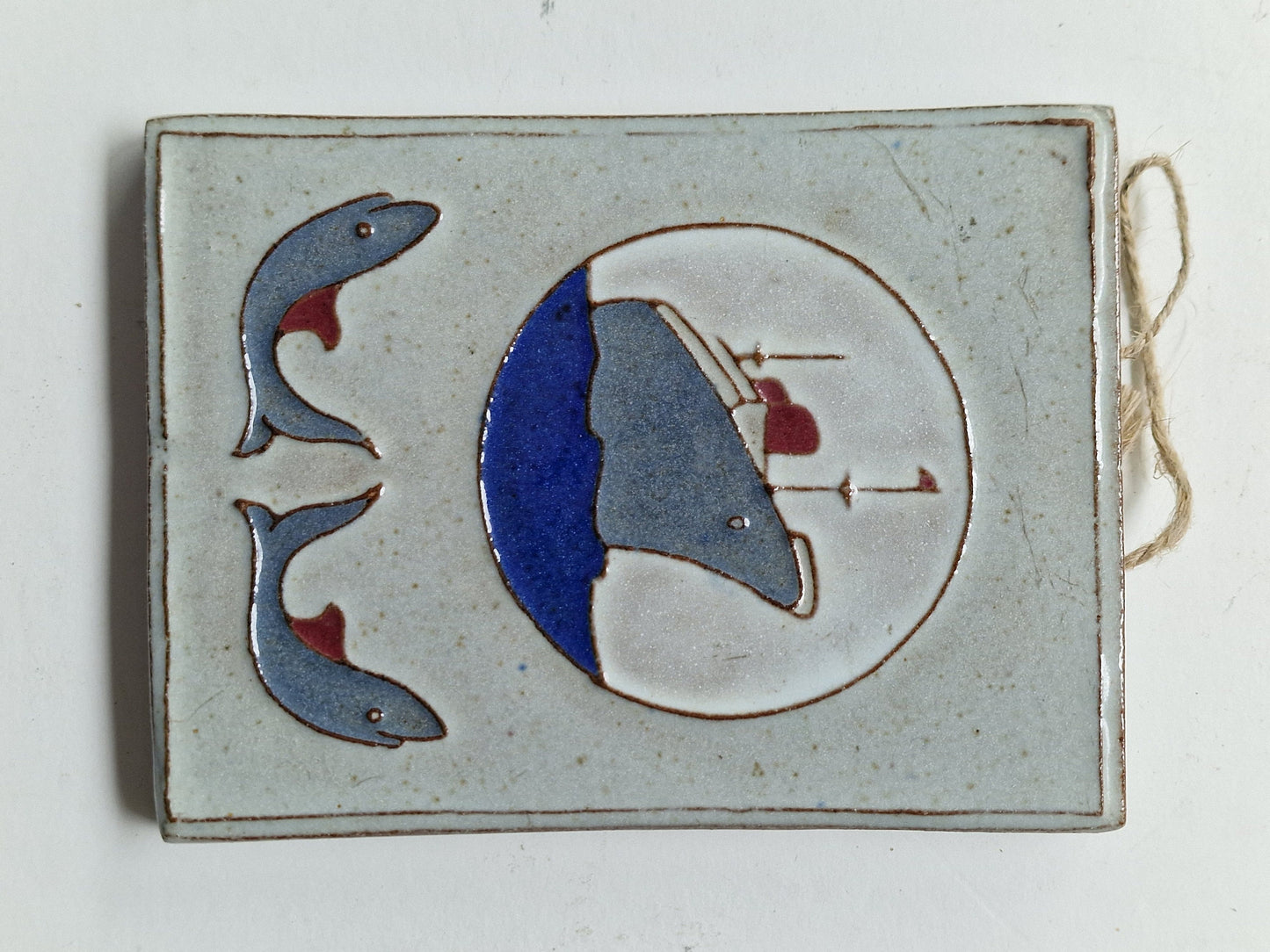 Dutch Art Deco Tile Plaque, Signed Pottery, Boat & Dolphins