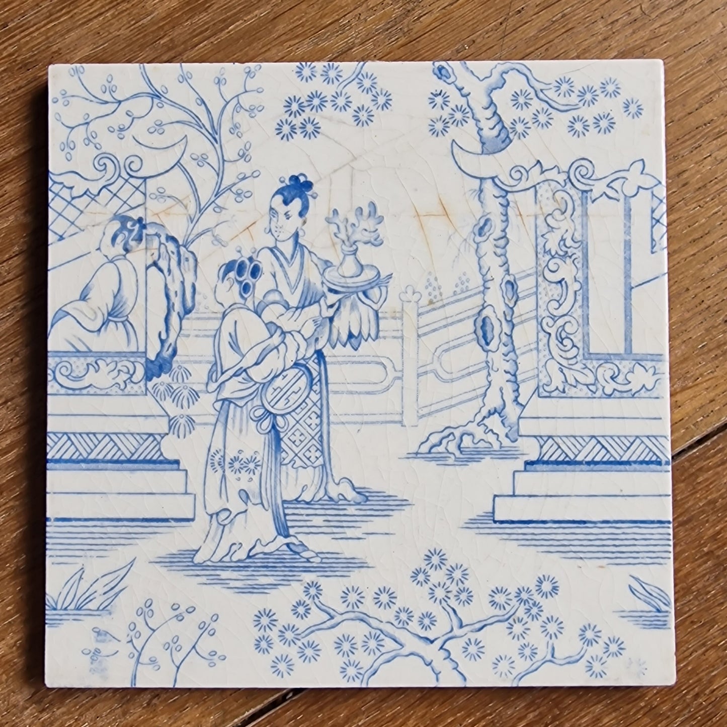 Antique Delft Blue Tile, Chinese Ladies Garden, Royal Sphinx Maastricht