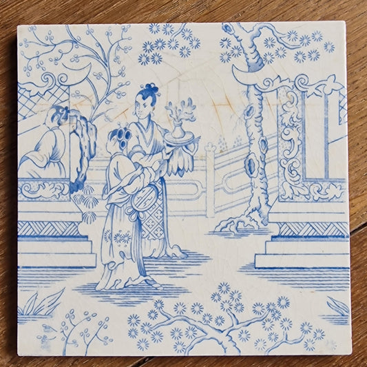 Antique Delft Blue Tile, Chinese Ladies Garden, Royal Sphinx Maastricht