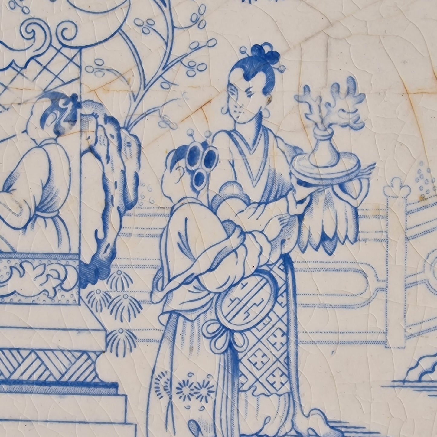 Antique Delft Blue Tile, Chinese Ladies Garden, Royal Sphinx Maastricht