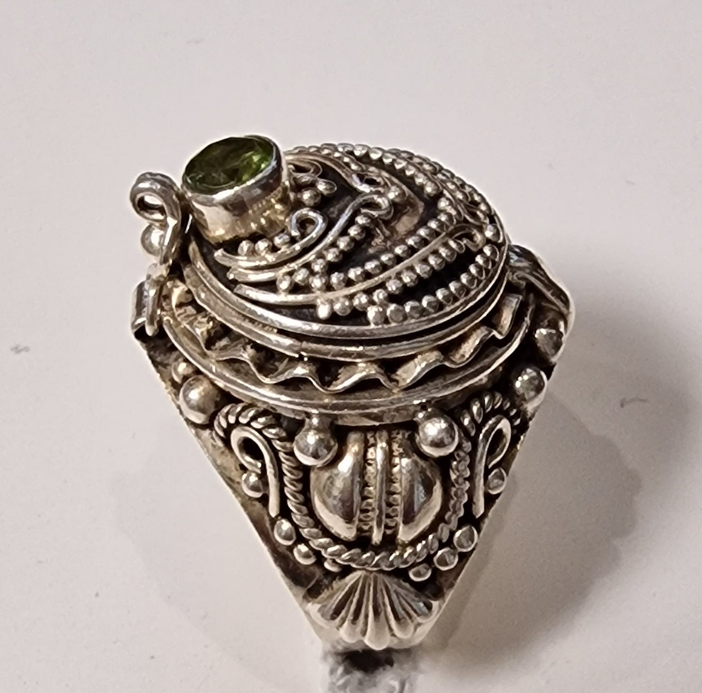 Sterling Silver Peridot Signet Ring, Secret Compartment, US 7.25