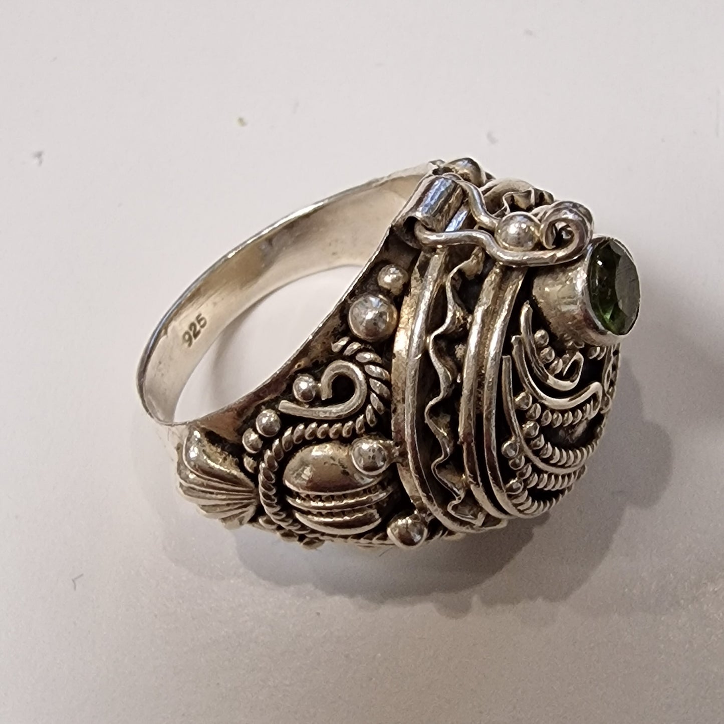 Sterling Silver Peridot Signet Ring, Secret Compartment, US 7.25