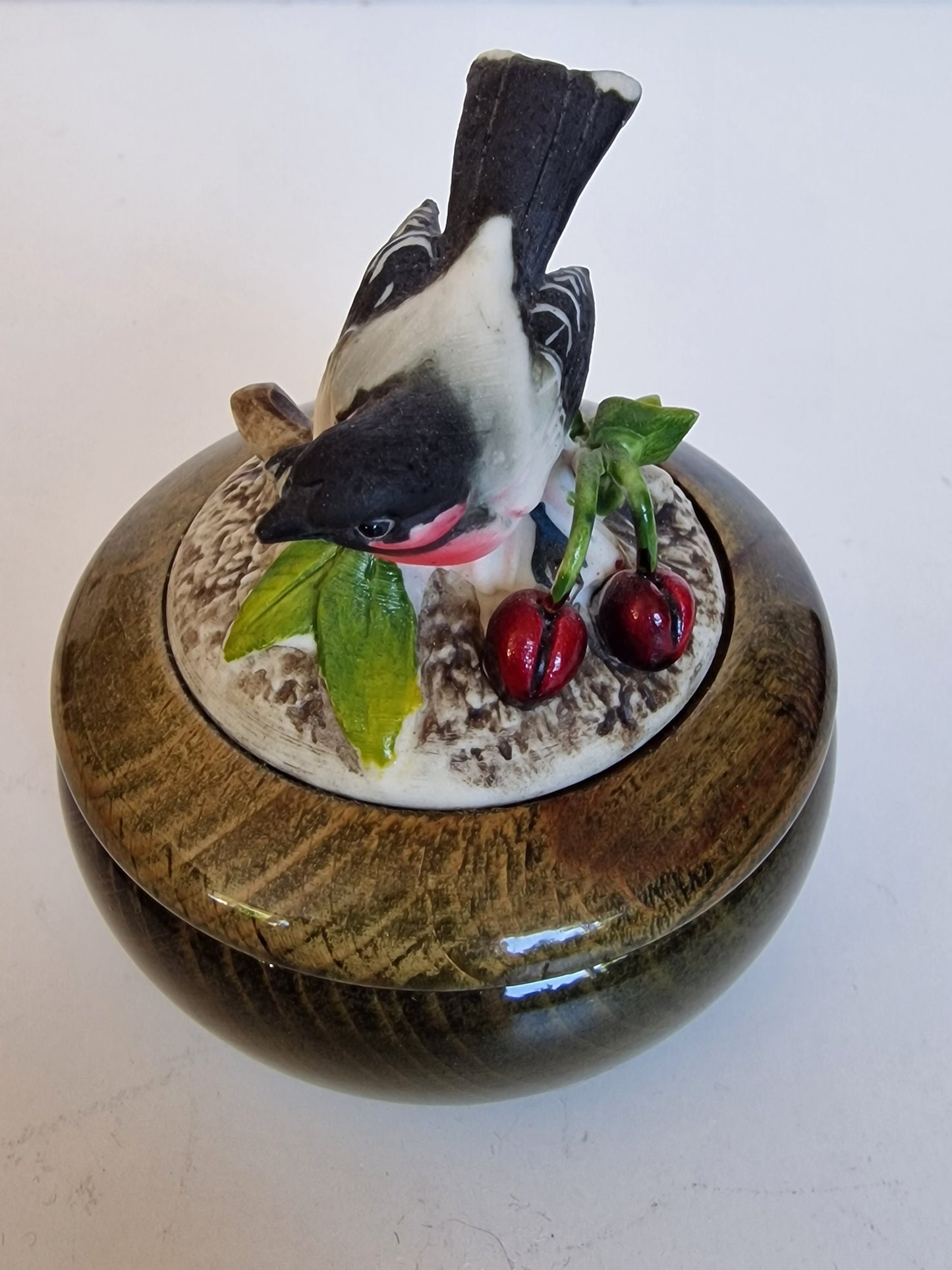 Vintage 'Sommernachtstraum' Music Box, Biscuit Porcelain Bird, Lacquered Wood Trinket Box
