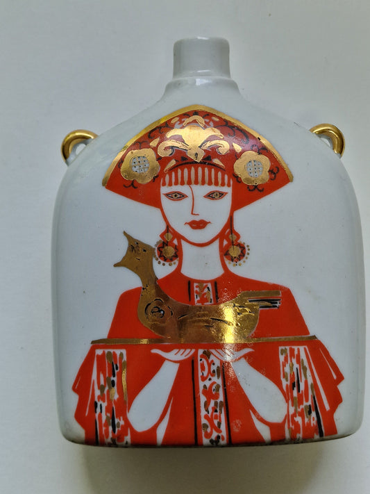 Lomonosov bottle white orange matrushka  girl rooster flask vintage, size see pics matroeshka matroesjka