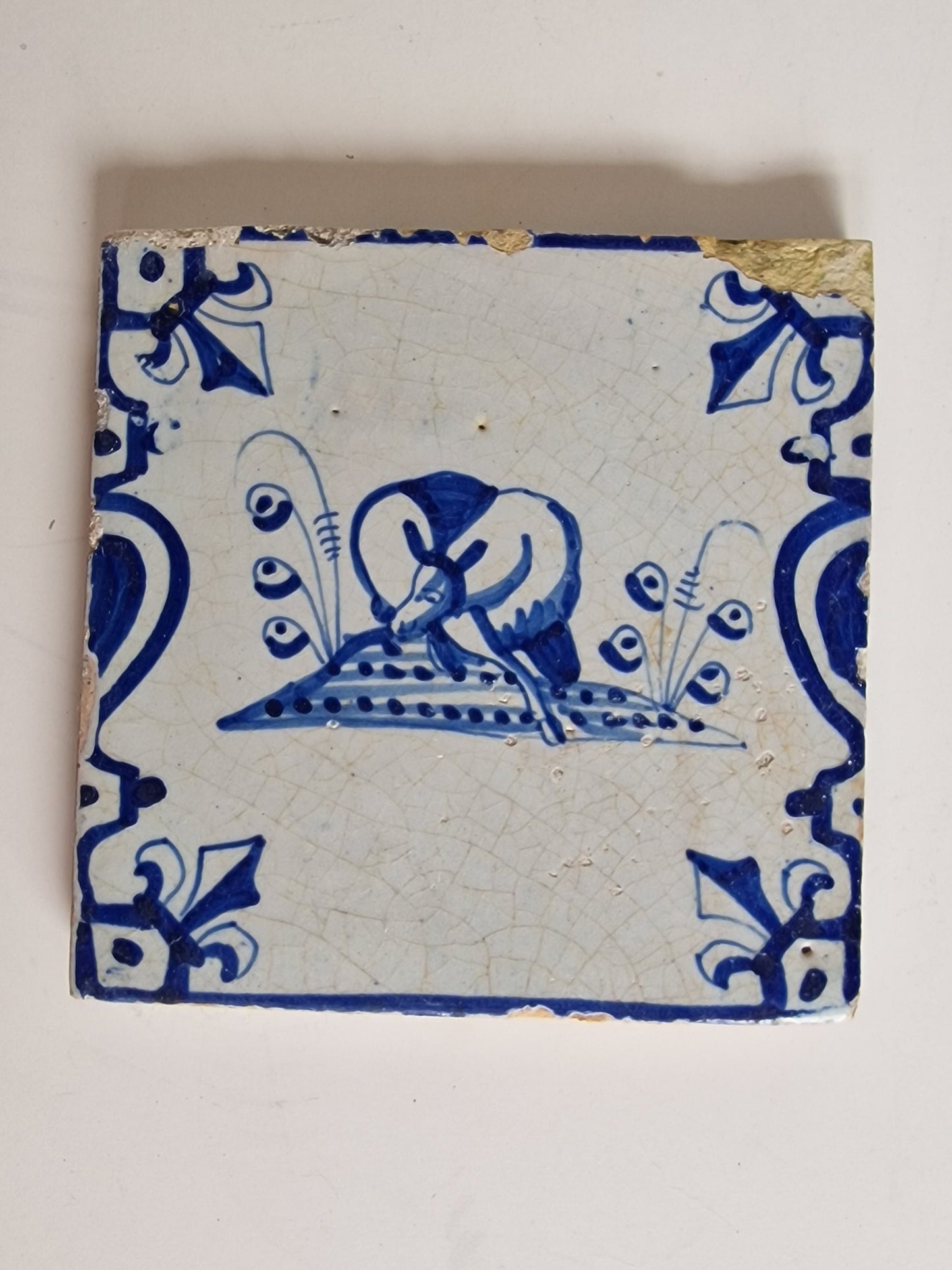 Antique 1640 Dutch Delft Tile – Animal Motif, Baluster Sides