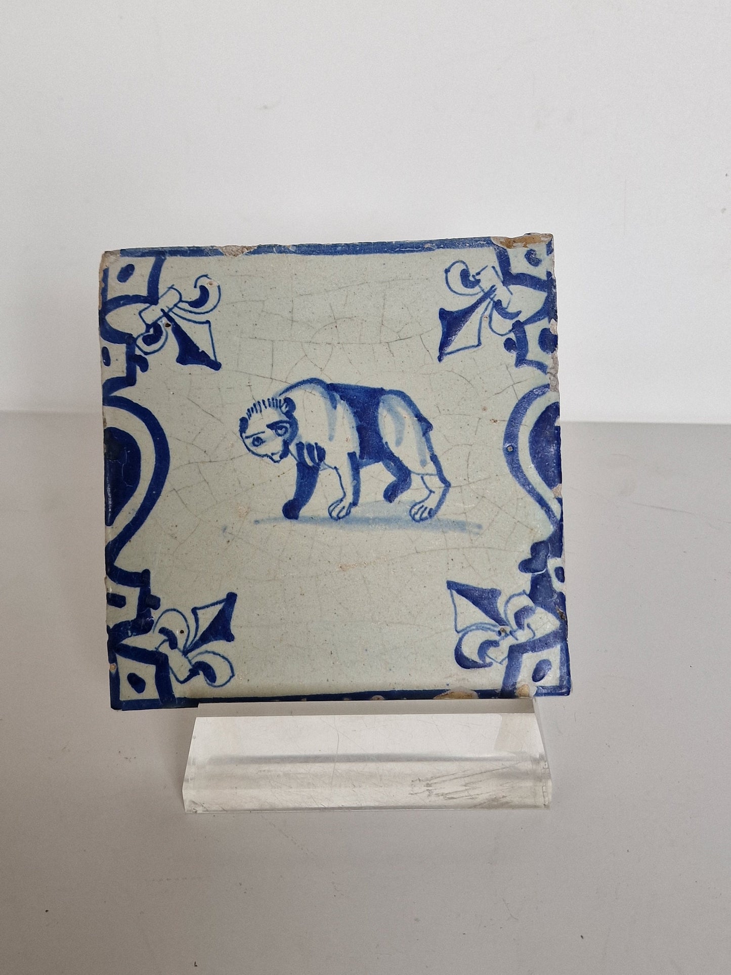 Antique Delft Tile – Bear Motif, French Lily Corners, Dated 1640