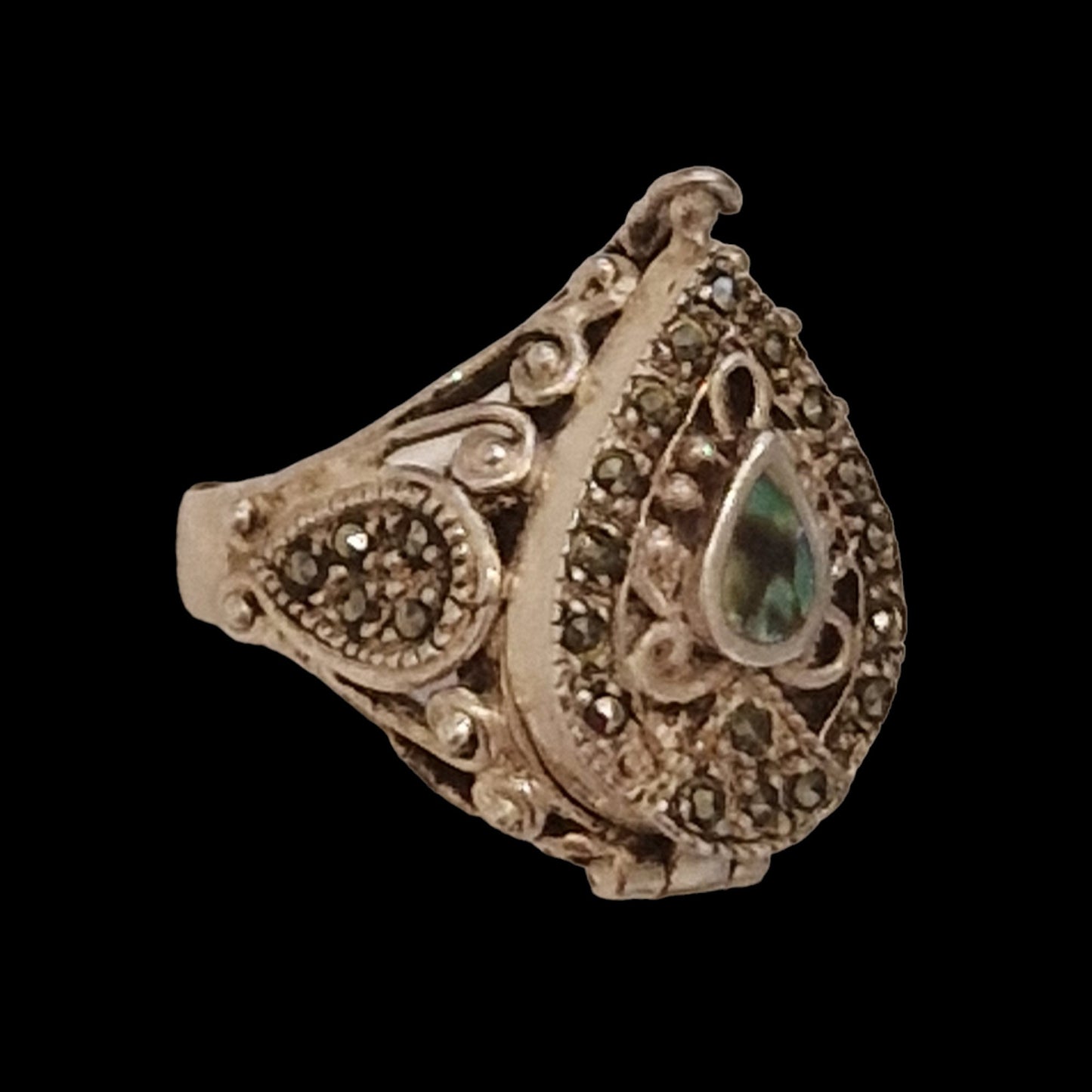 Secret Marcasite Signet Ring, Abalone, 925 Sterling Silver