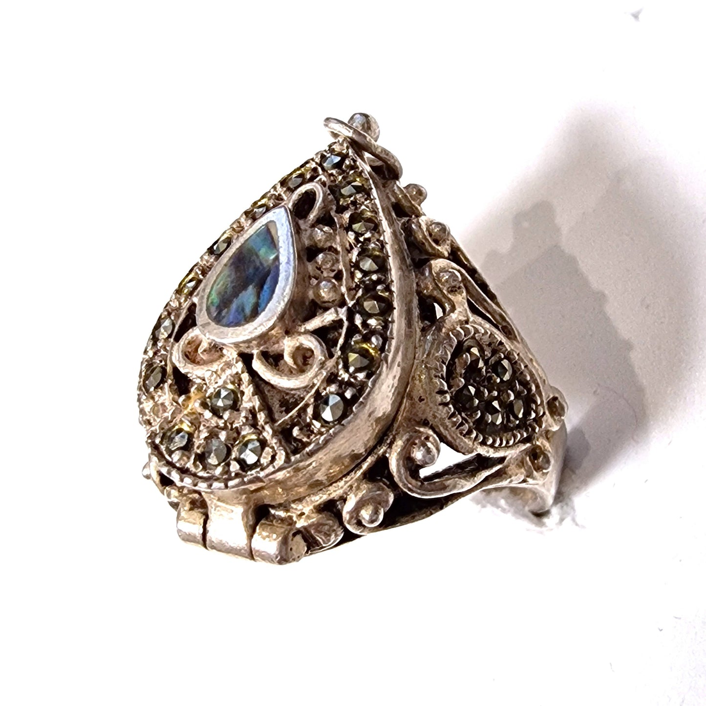 Secret Marcasite Signet Ring, Abalone, 925 Sterling Silver