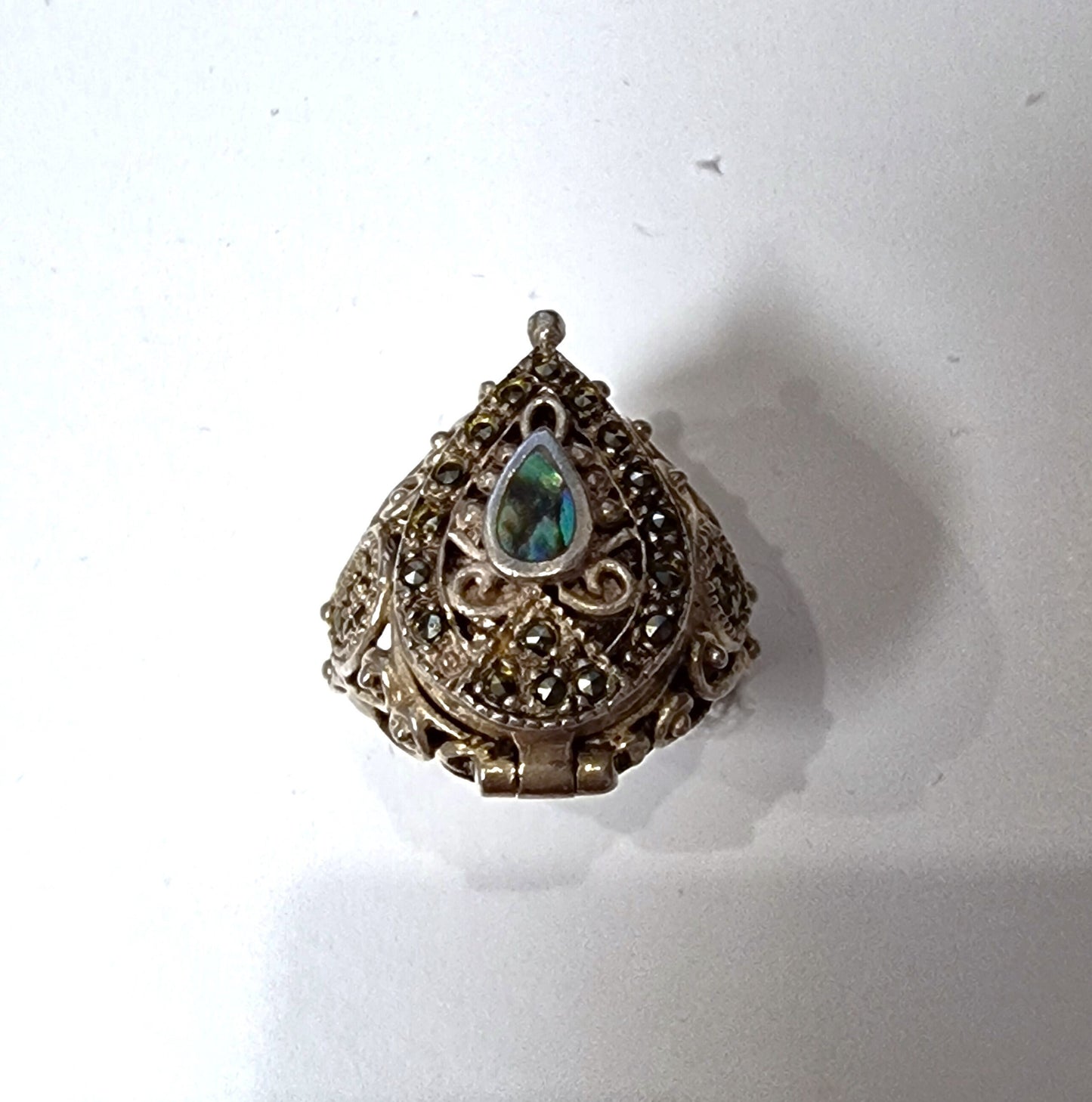 Secret Marcasite Signet Ring, Abalone, 925 Sterling Silver