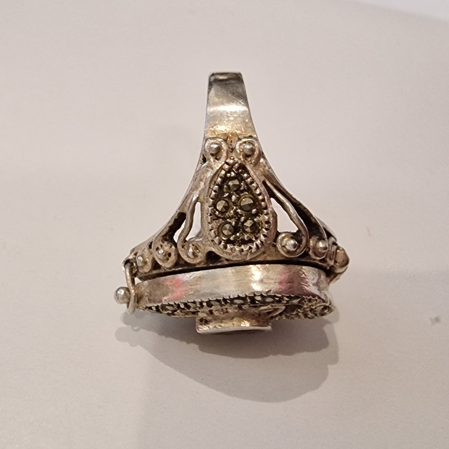 Secret Marcasite Signet Ring, Abalone, 925 Sterling Silver