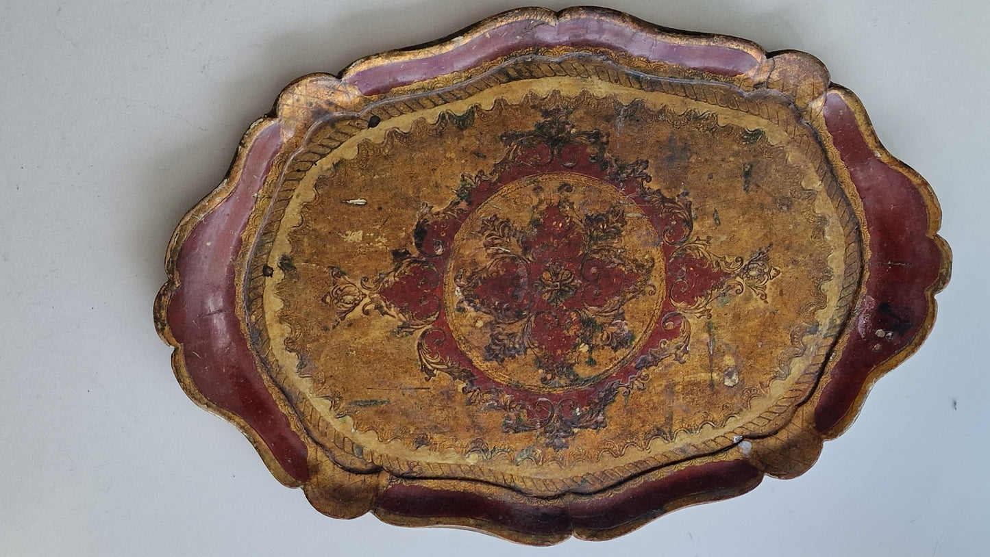 Large Vintage Italian Florentine oval Tray in Gold and red, Wood, 1960s Firenze, handmade