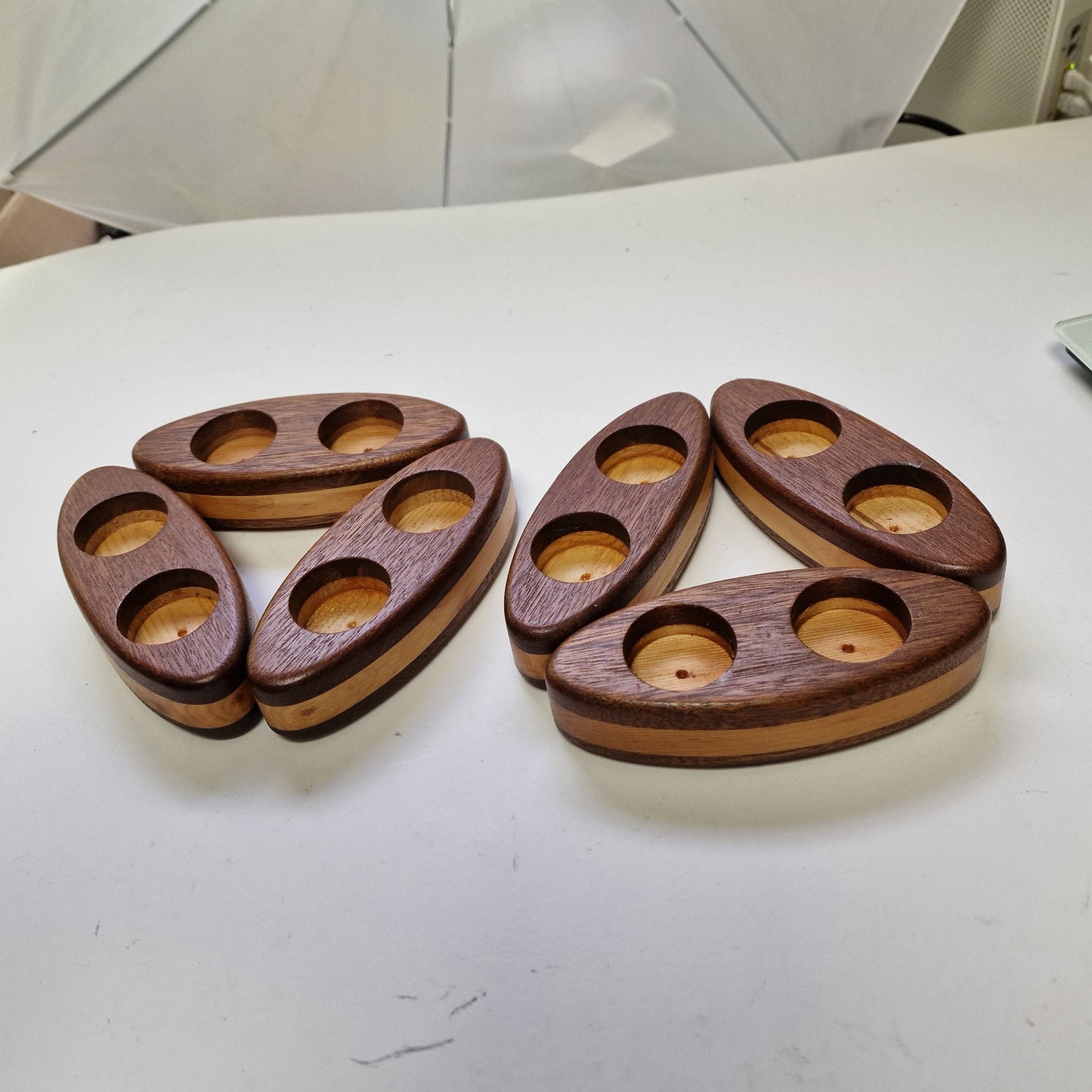Art Deco Wood Inlay Tea Light Holders, Candlelight Keepers, Pair