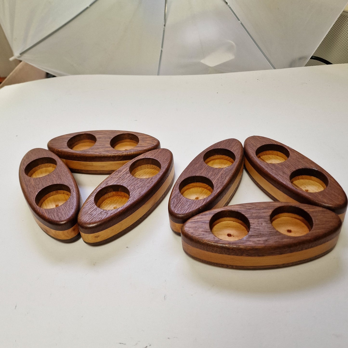 Art Deco Wood Inlay Tea Light Holders, Candlelight Keepers, Pair
