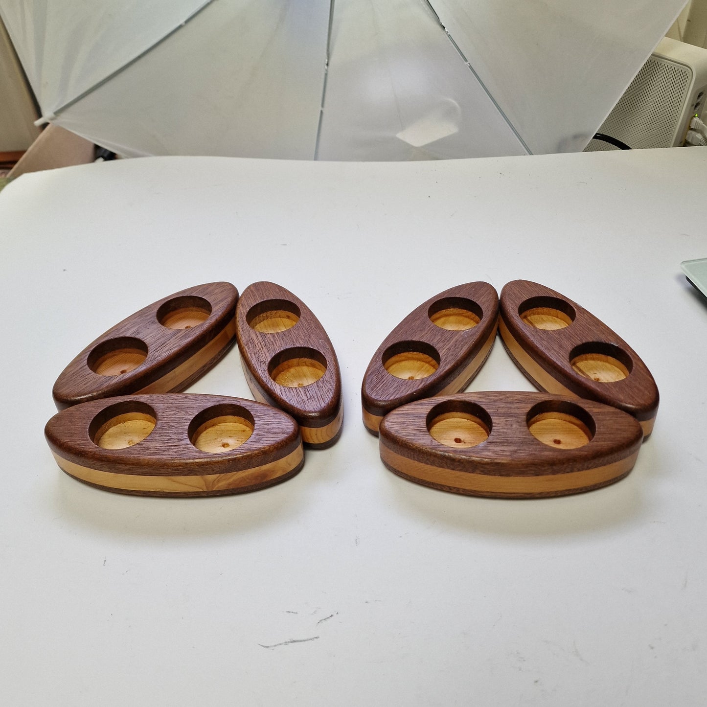 Art Deco Wood Inlay Tea Light Holders, Candlelight Keepers, Pair
