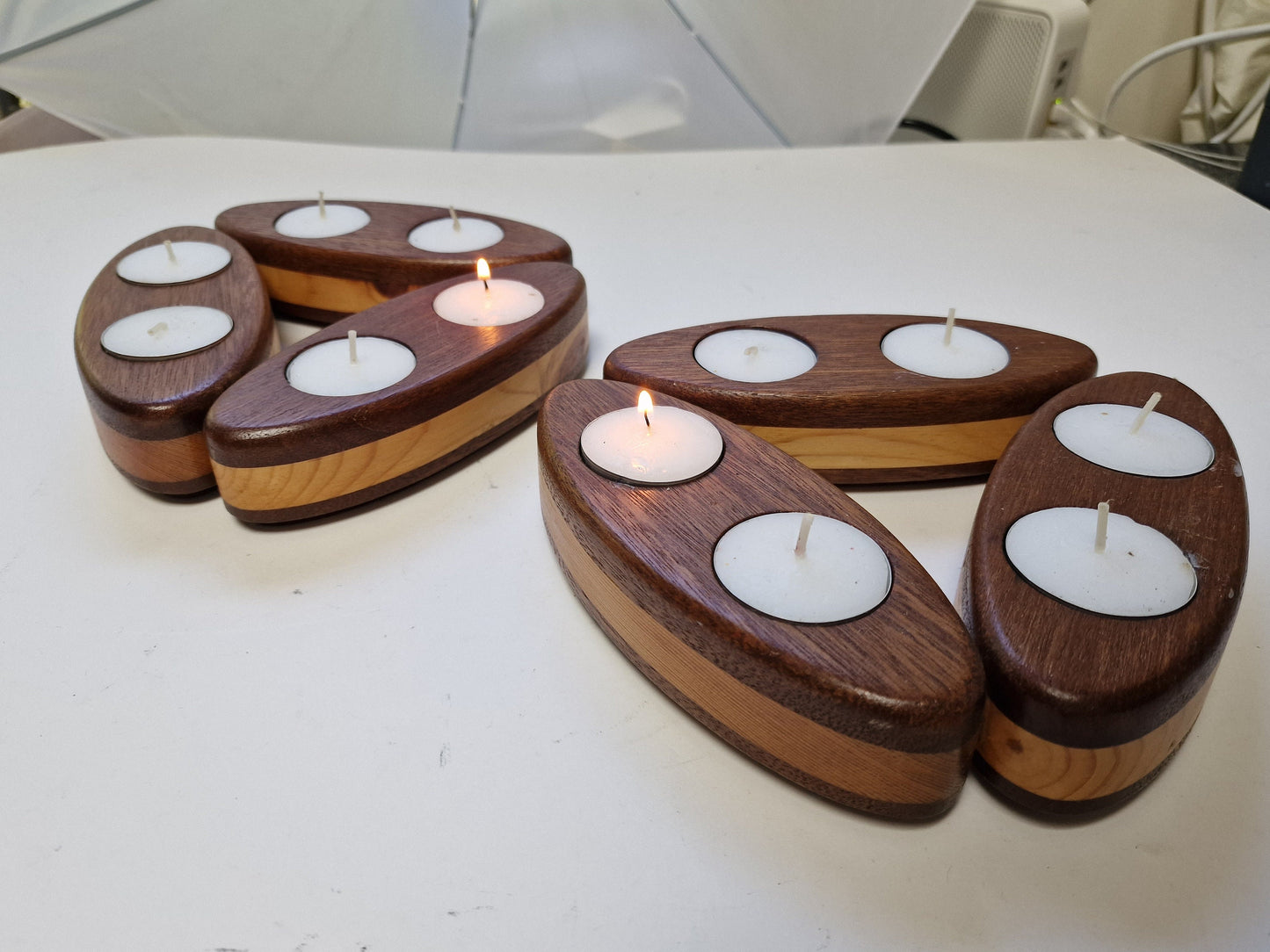 Art Deco Wood Inlay Tea Light Holders, Candlelight Keepers, Pair