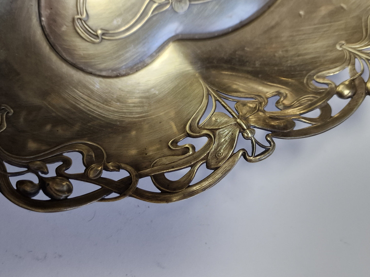 Art Nouveau Metal Tray, Dragonfly and Water Lily Platter, ca 1900-1910