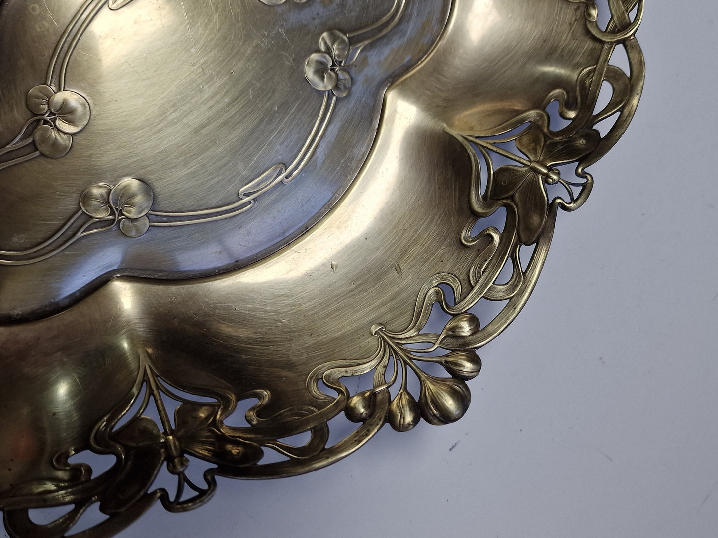 Art Nouveau Metal Tray, Dragonfly and Water Lily Platter, ca 1900-1910