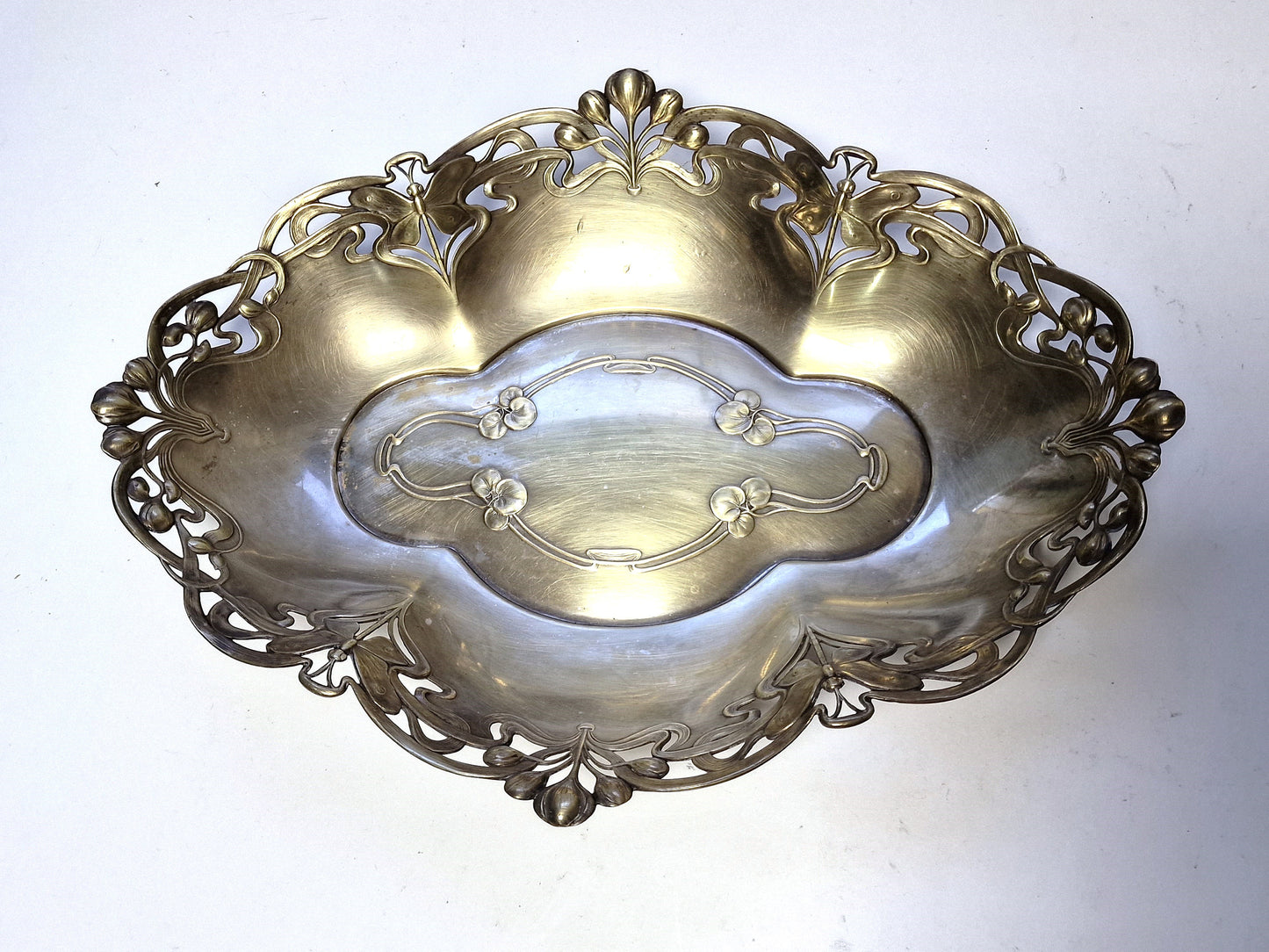 Art Nouveau Metal Tray, Dragonfly and Water Lily Platter, ca 1900-1910