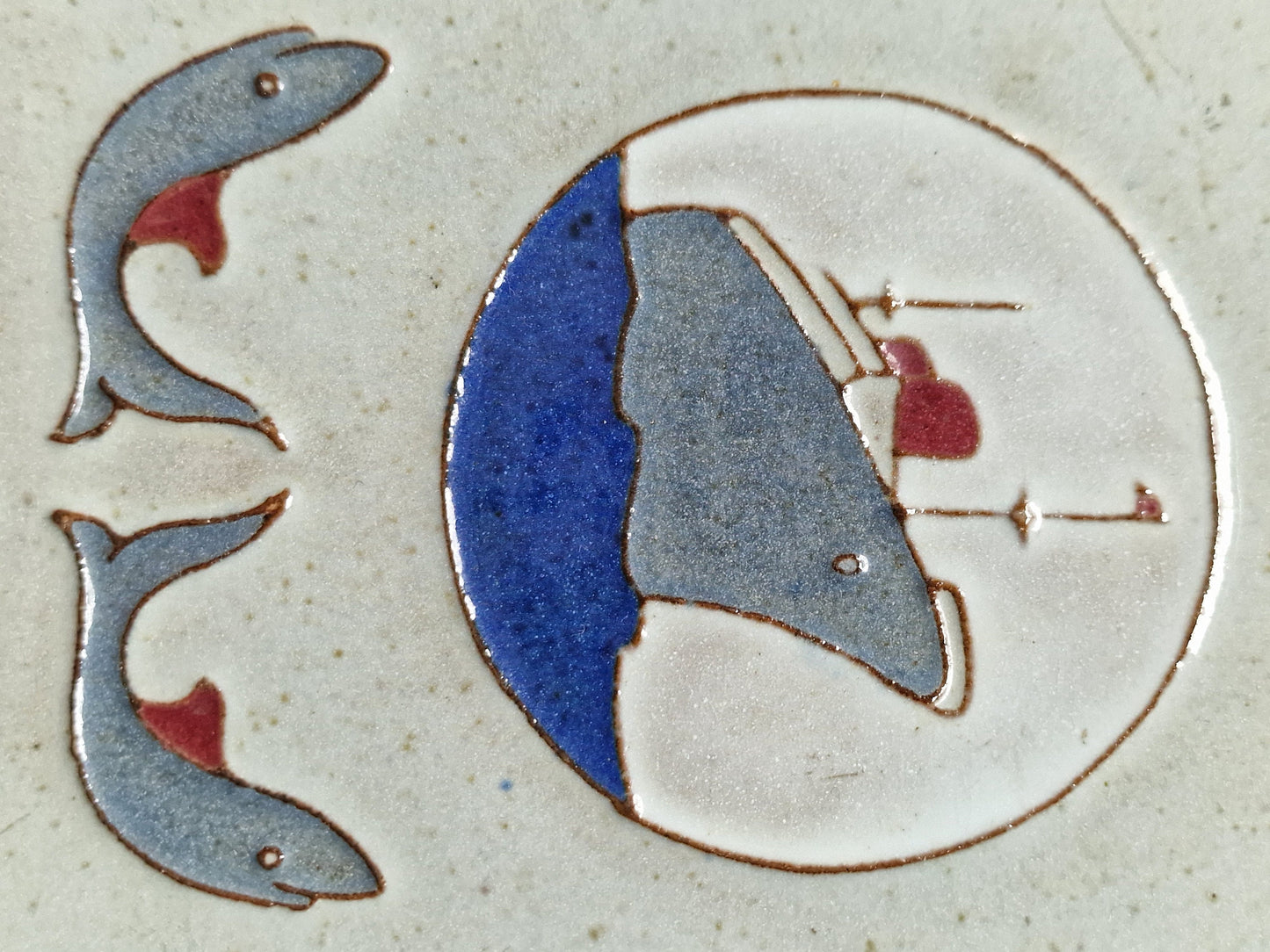 Dutch Art Deco Tile Plaque, Signed Pottery, Boat & Dolphins