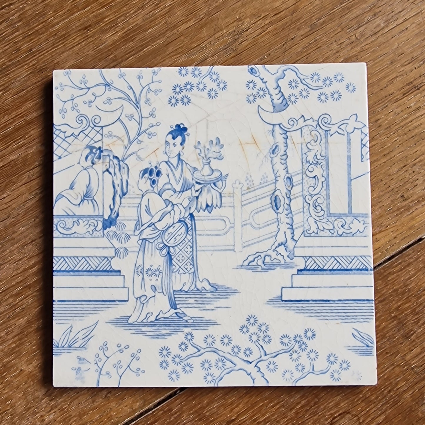 Antique Delft Blue Tile, Chinese Ladies Garden, Royal Sphinx Maastricht
