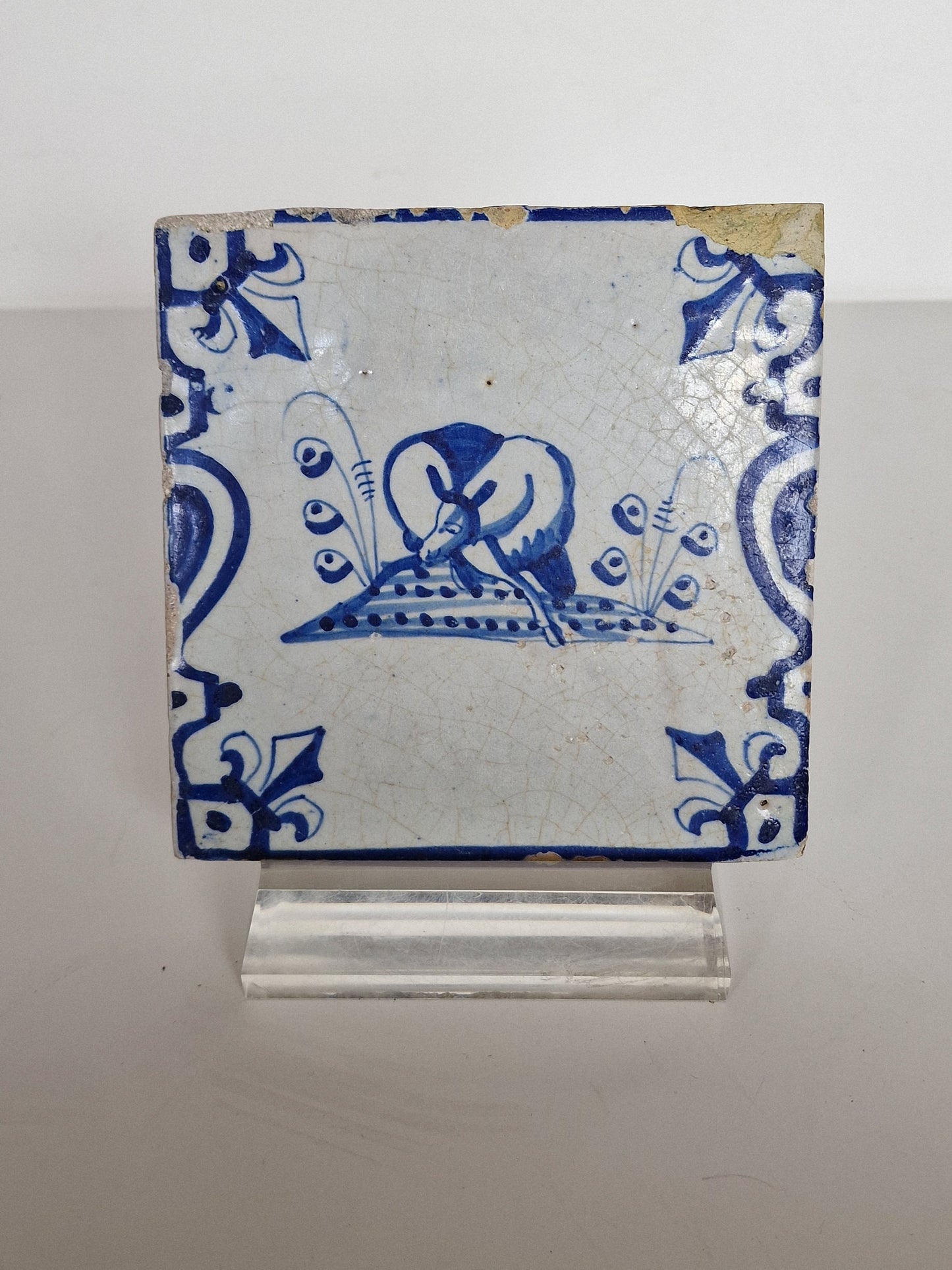 Antique 1640 Dutch Delft Tile – Animal Motif, Baluster Sides