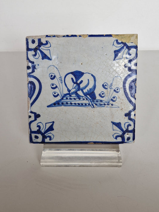 Antique 1640 Dutch Delft Tile – Animal Motif, Baluster Sides