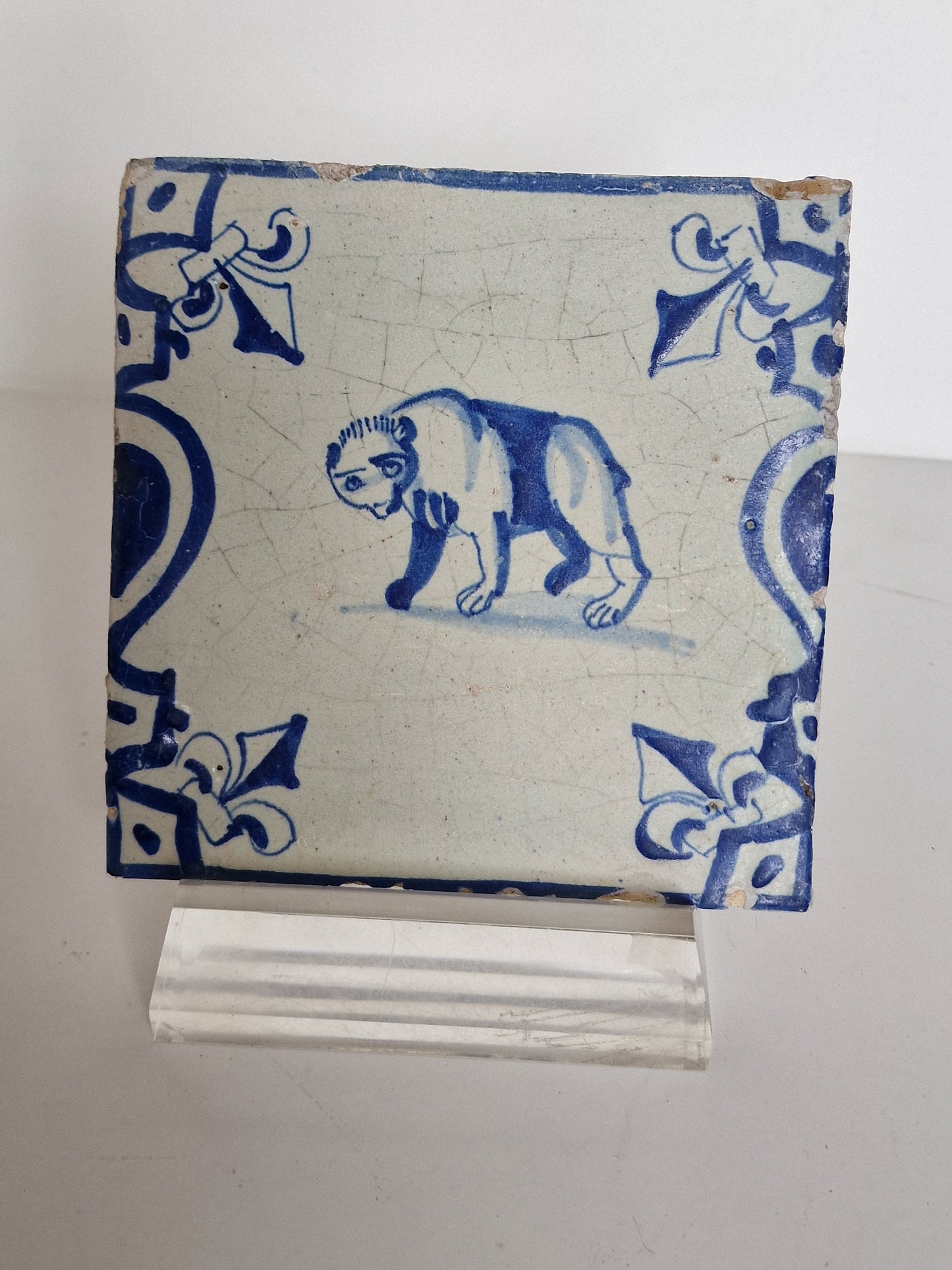 Antique Delft Tile – Bear Motif, French Lily Corners, Dated 1640