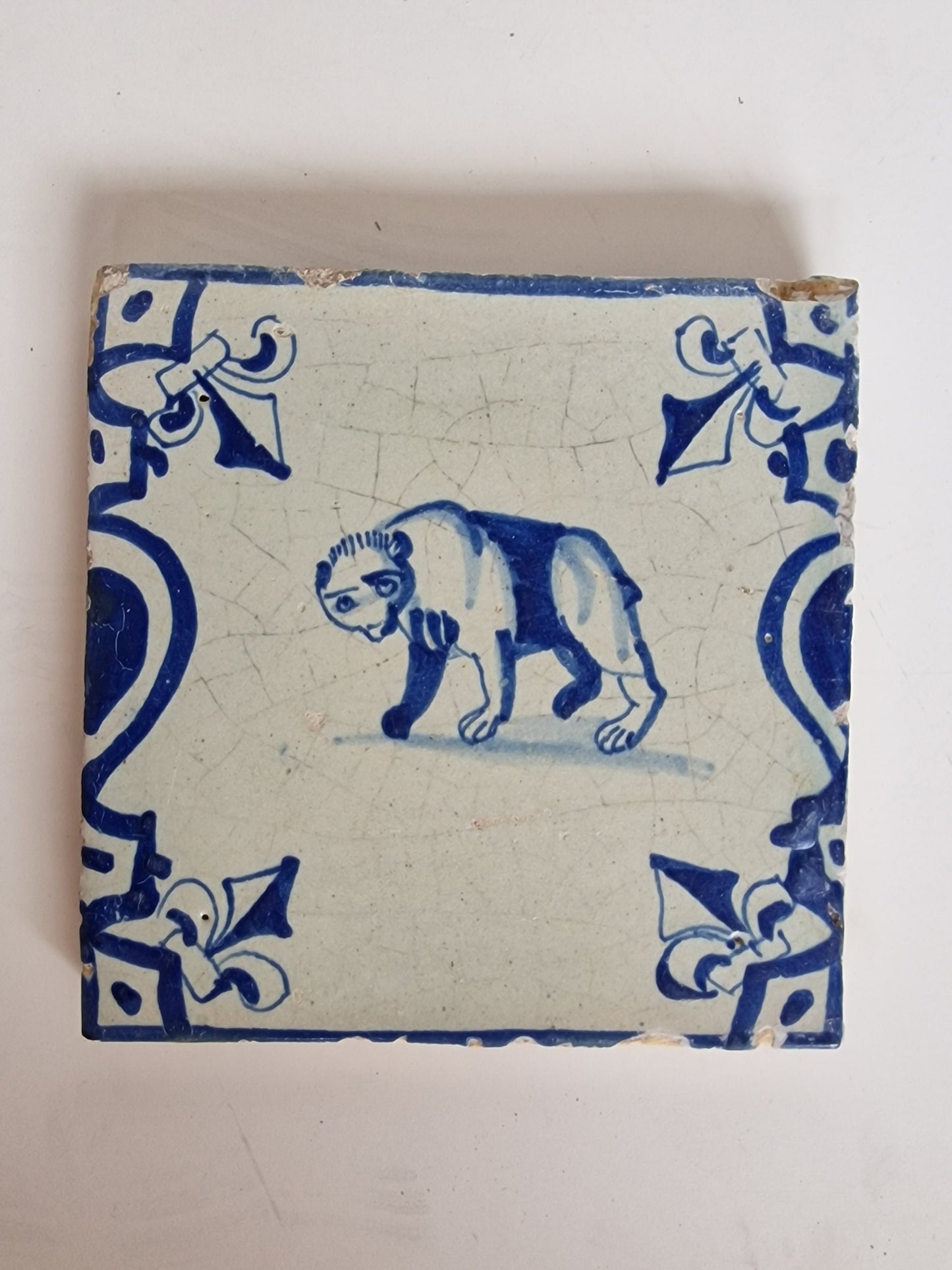 Antique Delft Tile – Bear Motif, French Lily Corners, Dated 1640