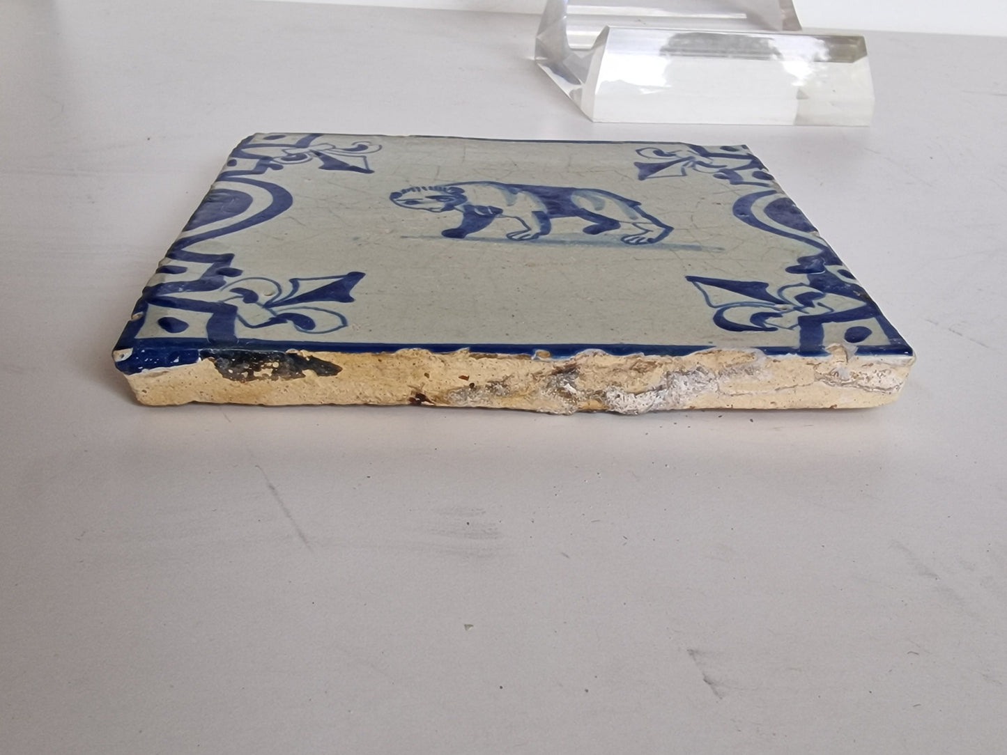 Antique Delft Tile – Bear Motif, French Lily Corners, Dated 1640