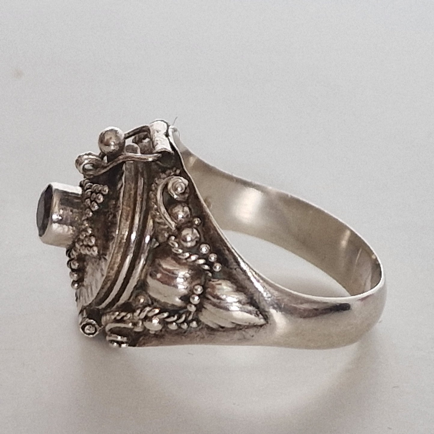 Sterling Silver Amethyst Signet Ring with Secret Compartment (Size 18.5)