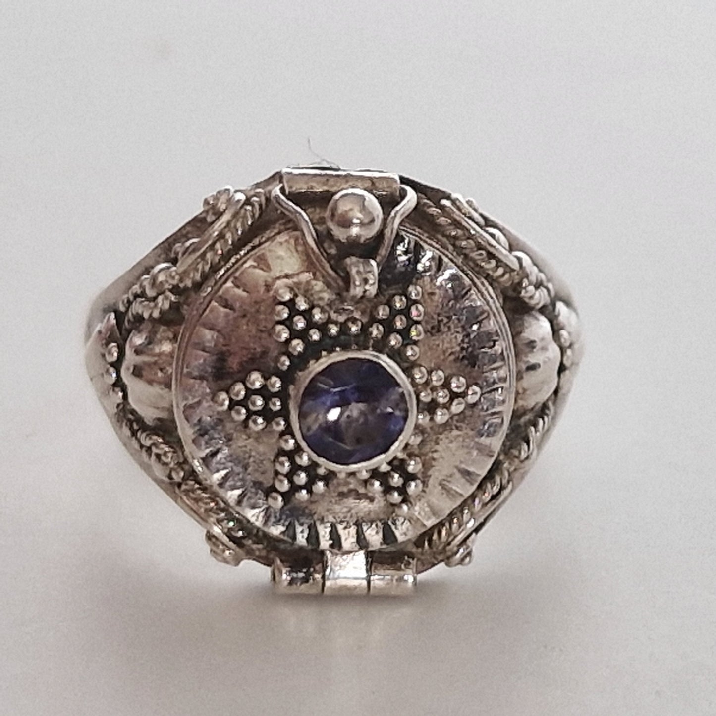 Sterling Silver Amethyst Signet Ring with Secret Compartment (Size 18.5)