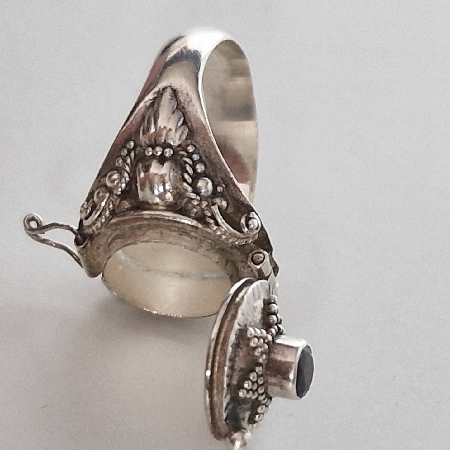 Sterling Silver Amethyst Signet Ring with Secret Compartment (Size 18.5)