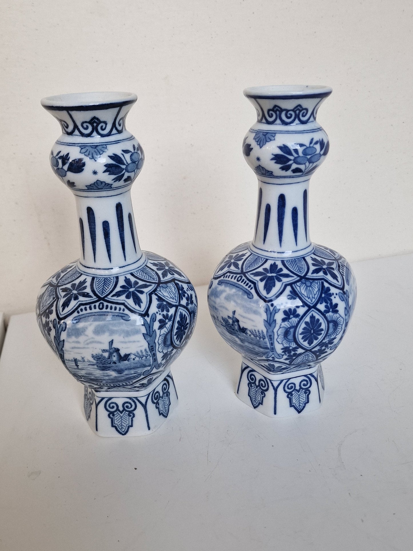 A pair of large Delft antique 'knobbel' vases dutch pottery, 25 cm numbered marked delft made Maastricht 1920-1930 blue ship landscape tiles