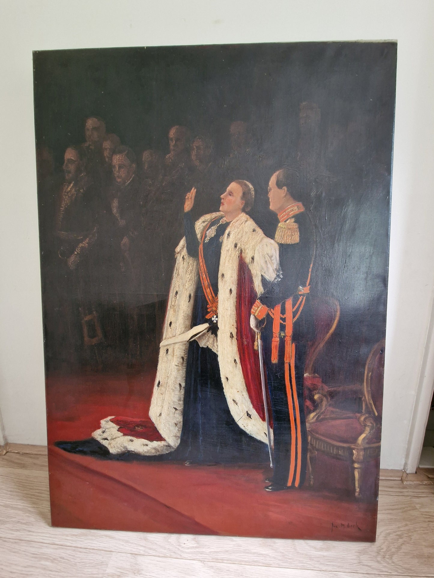 XXL Jurrien M. Beek, Inhuldiging van Juliana, olieverf op doek, 100 x 70 cm. (jurriaan, Juriaen) dutch oil painting realism