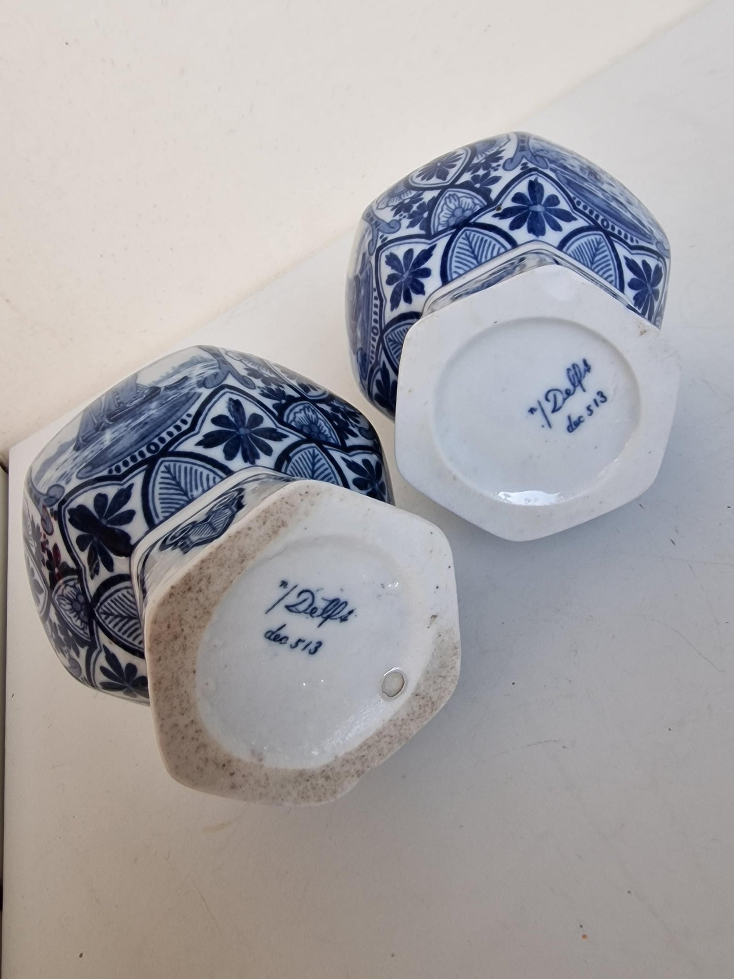 A pair of large Delft antique 'knobbel' vases dutch pottery, 25 cm numbered marked delft made Maastricht 1920-1930 blue ship landscape tiles