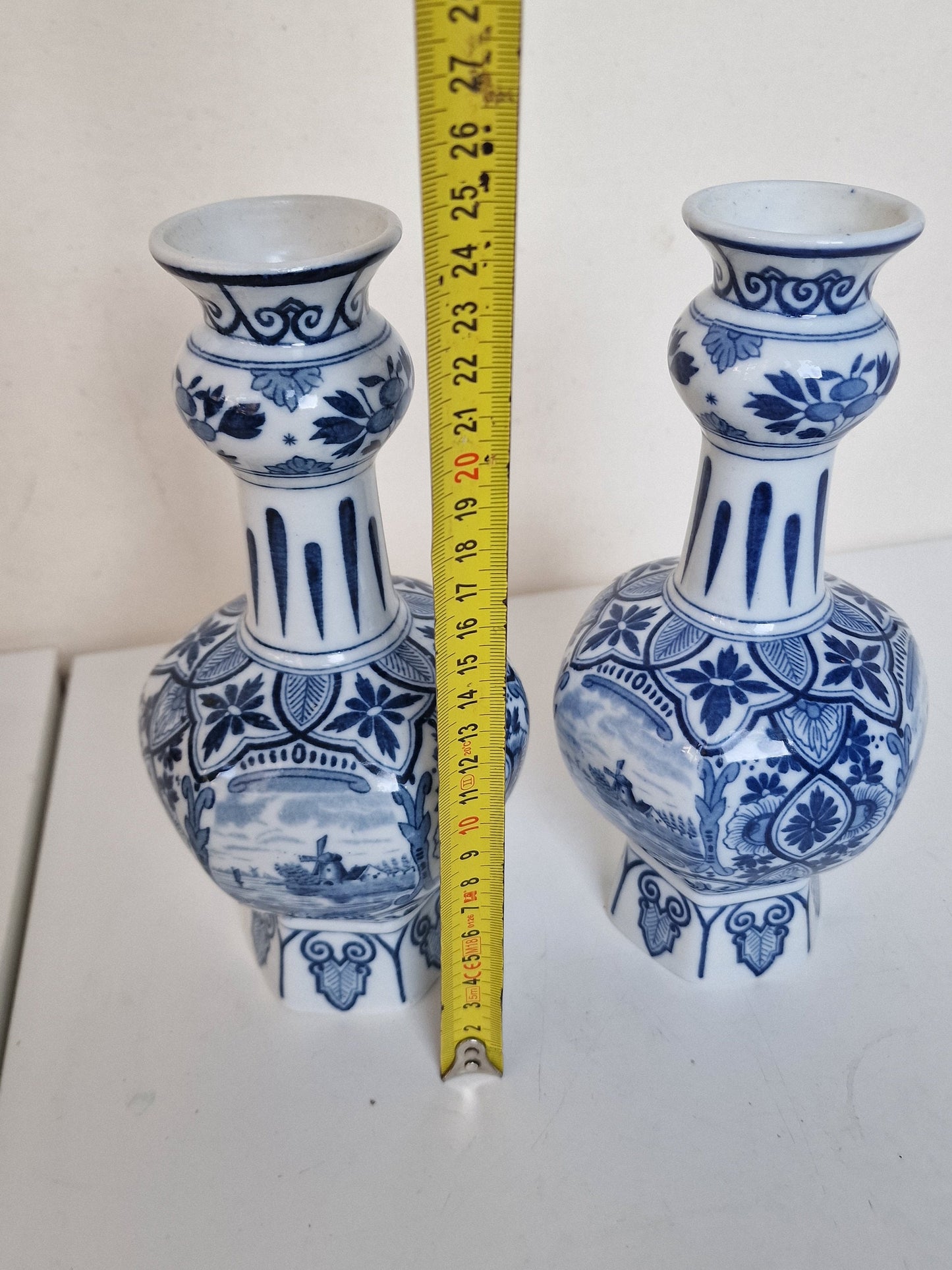 A pair of large Delft antique 'knobbel' vases dutch pottery, 25 cm numbered marked delft made Maastricht 1920-1930 blue ship landscape tiles