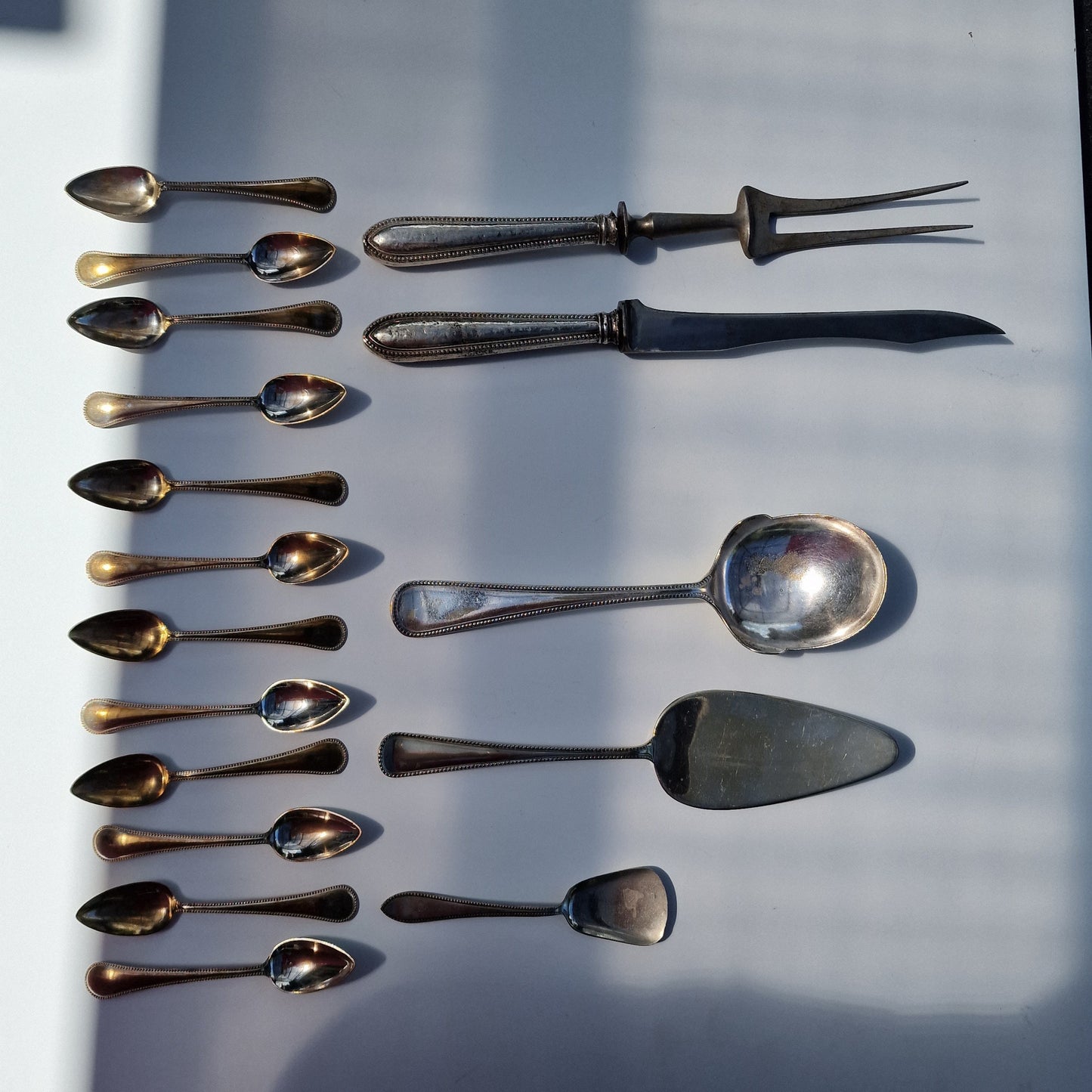 Antique Silvered Cutlery Set, Dutch Aristocratic Pearle Edge, ca 1900