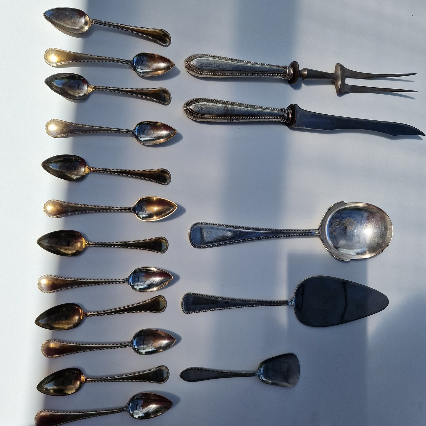 Antique Silvered Cutlery Set, Dutch Aristocratic Pearle Edge, ca 1900