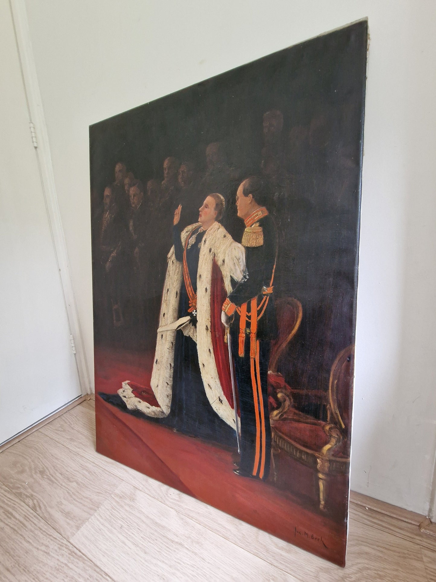 XXL Jurrien M. Beek, Inhuldiging van Juliana, olieverf op doek, 100 x 70 cm. (jurriaan, Juriaen) dutch oil painting realism