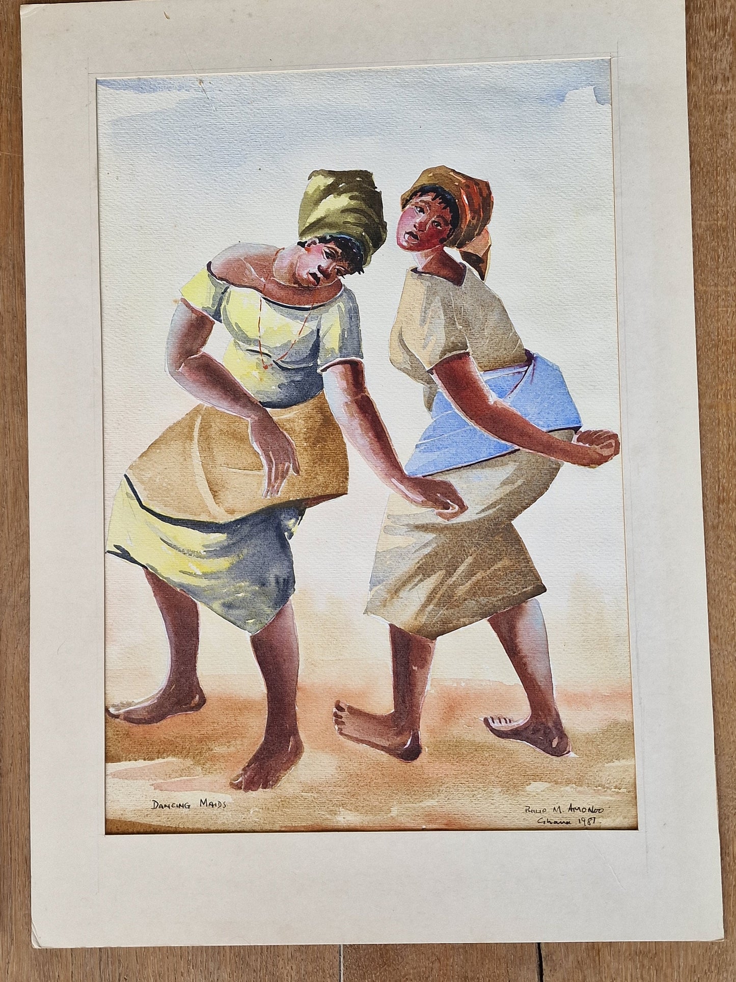 Philip Morland Amonoo, Dancing Maids Watercolor, 1981