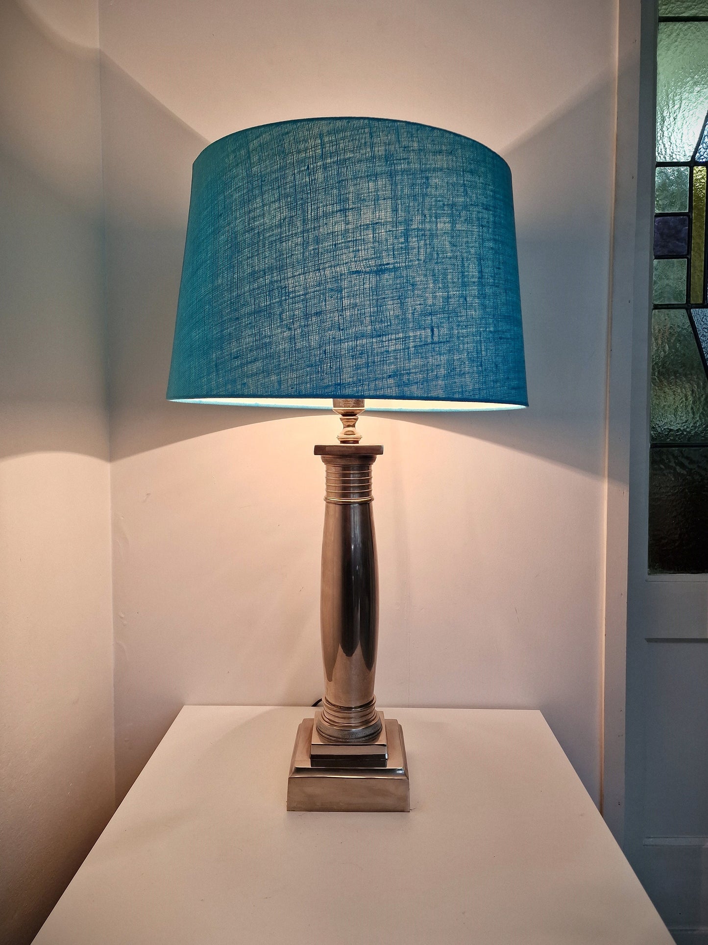 Silver-Plated Neoclassical Table Lamps, Blue Hood, Williams Sheffield, XL