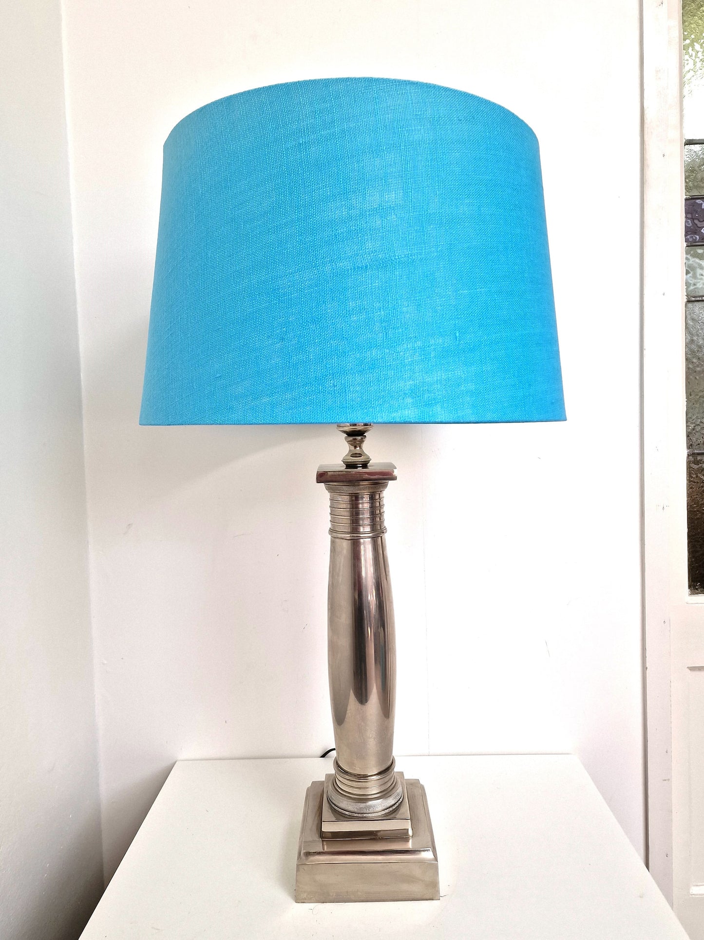 Silver-Plated Neoclassical Table Lamps, Blue Hood, Williams Sheffield, XL