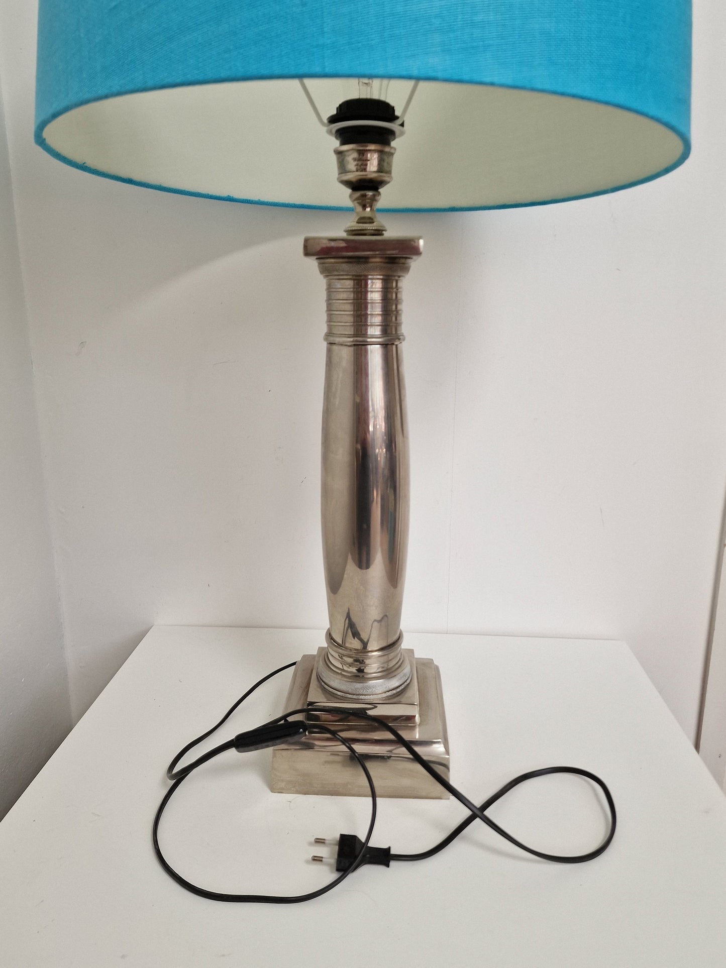 Silver-Plated Neoclassical Table Lamps, Blue Hood, Williams Sheffield, XL