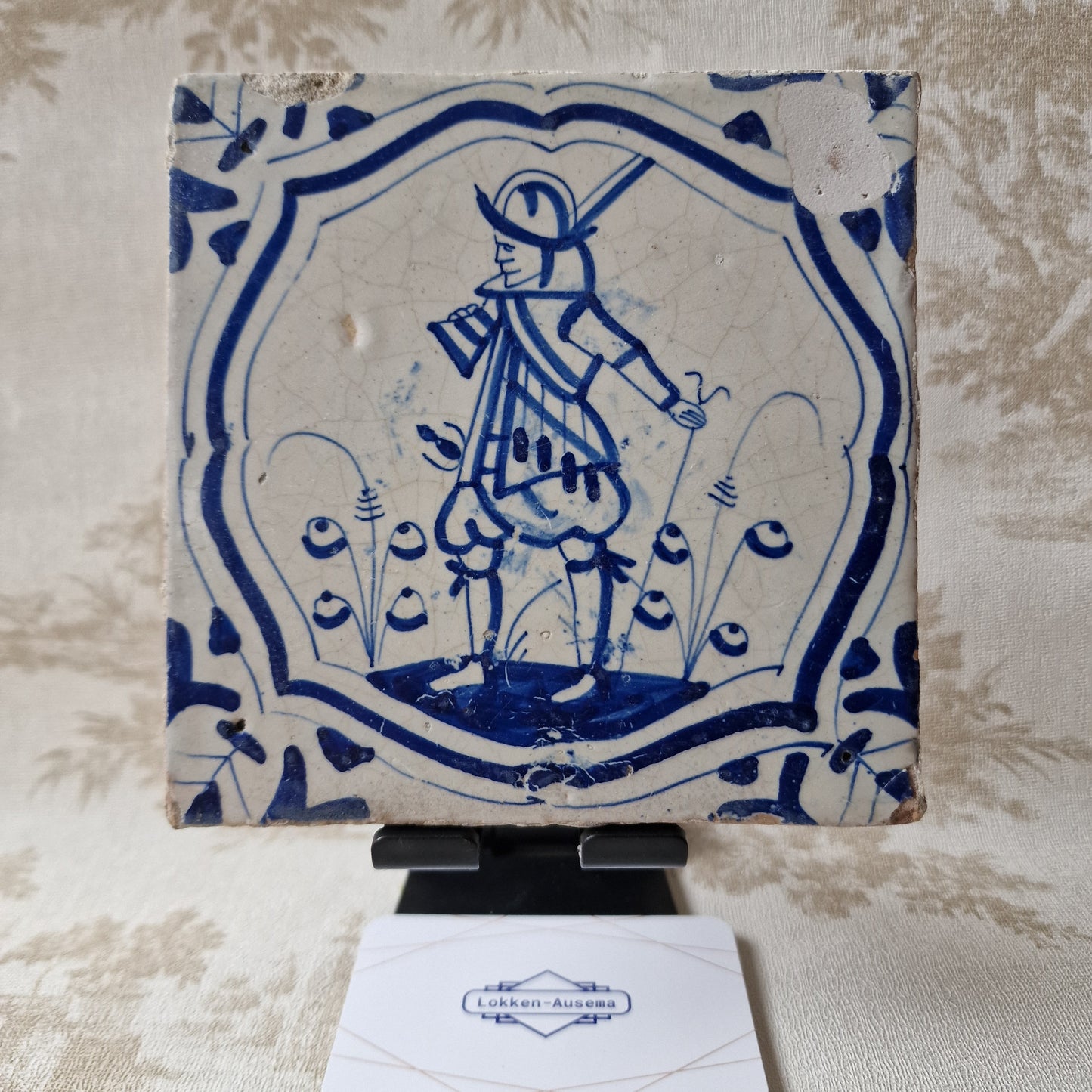 Antique Delft Blue Tile, Dutch Soldier, ca 1625