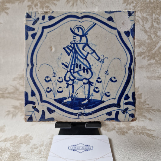 Antique Delft Blue Tile, Dutch Soldier, ca 1625